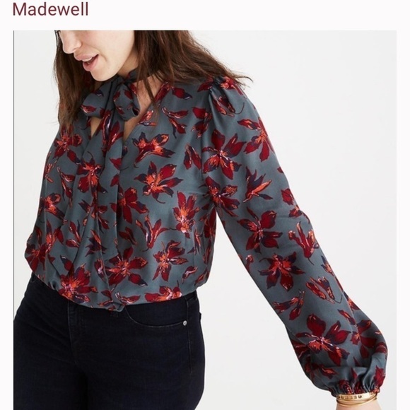 Madewell Silk Tie-Neck Floral 100% Silk Long Sleeve Wrap Top Women’s Size Small - Picture 1 of 10